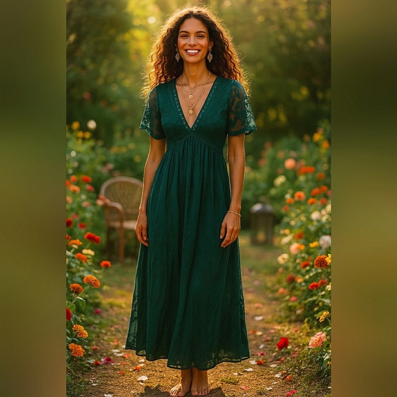 Boho Romantic Feminine Lace Embroidered Maxi Cottagecore Fairycore Whimsigoth - Picture 1 of 7